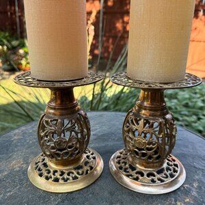 Vtg Set Gold Tone Brass Enameled  Filigree Pilar Candle Holders Weighty Patina